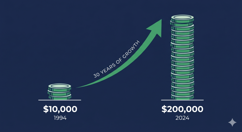 An illustration showing $10,000 growing to $200,000 over 30 years through S&P 500 index investing