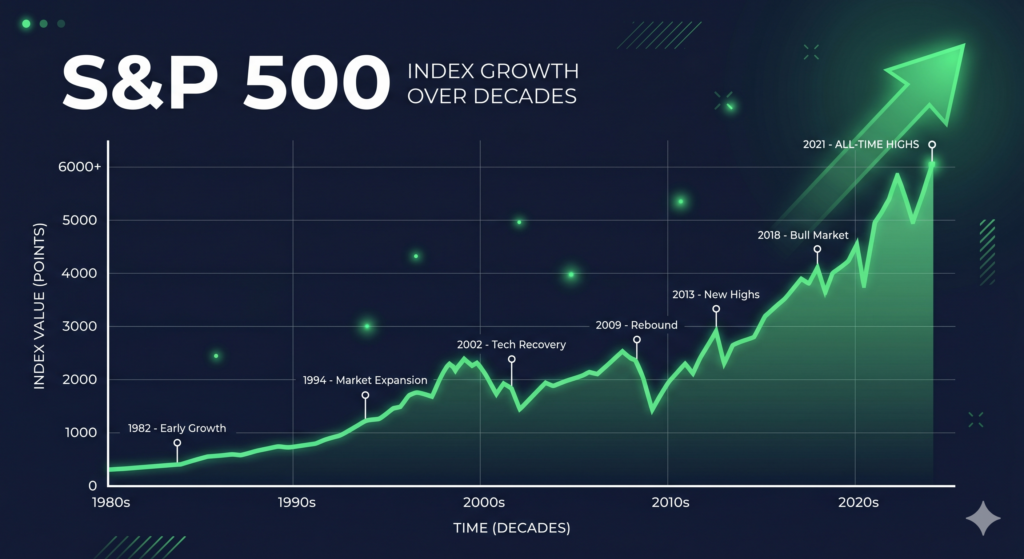 A rising stock market graph illustrating the long-term growth of the S&P 500 index over decades