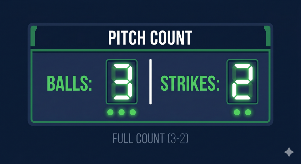 A scoreboard illustration showing a full count 
of 3 balls and 2 strikes in a baseball game