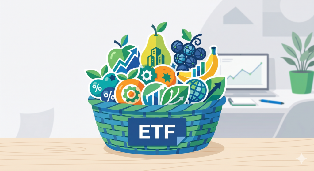 A colorful fruit basket representing an ETF holding multiple stocks inside one investment