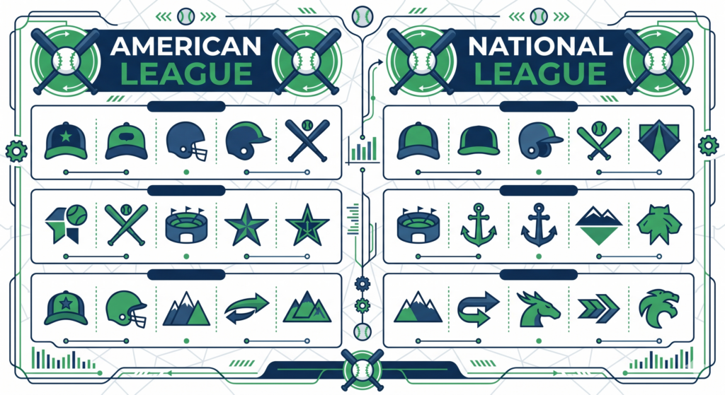 Infographic illustration comparing the American League and National League structure in Major League Baseball with team icons