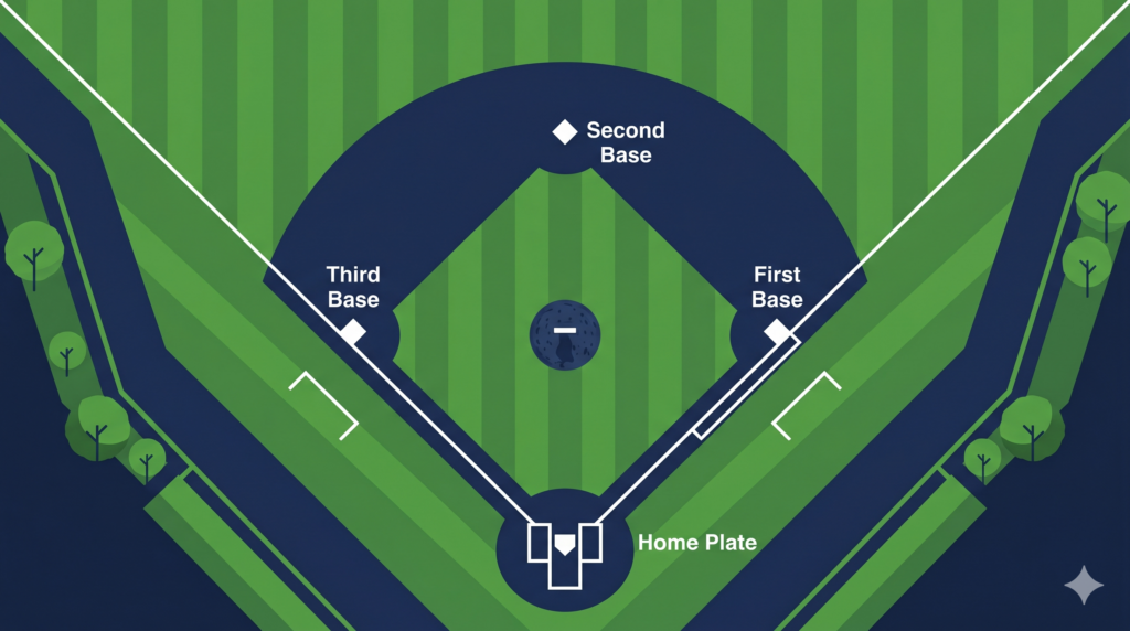 A labeled baseball field diagram showing home plate, first base, second base, third base, and the pitcher's mound from an aerial view