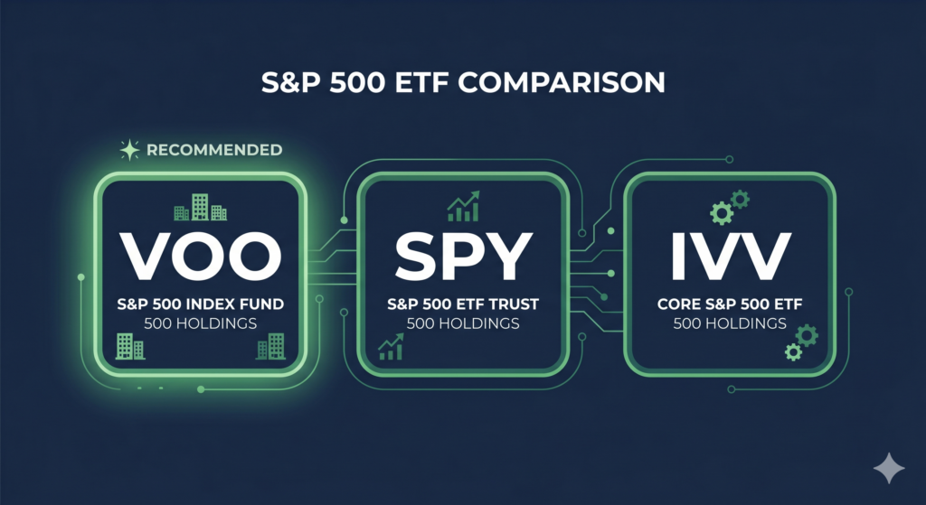 A comparison illustration of three S&P 500 ETFs: VOO, SPY, and IVV side by side