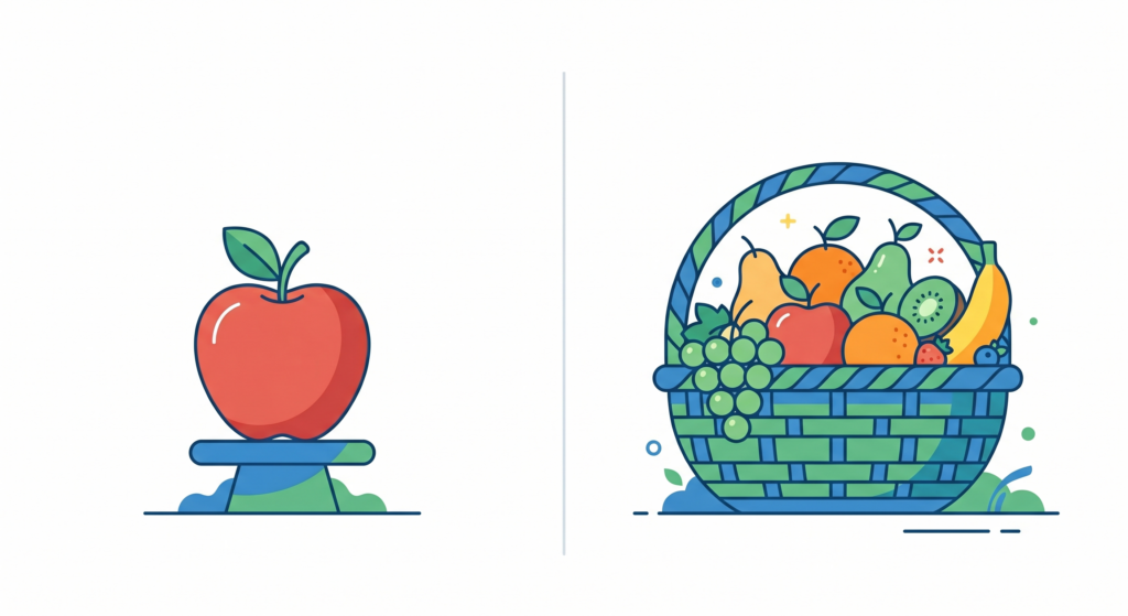 Comparison of a single apple representing an individual stock versus a fruit basket representing a diversified ETF