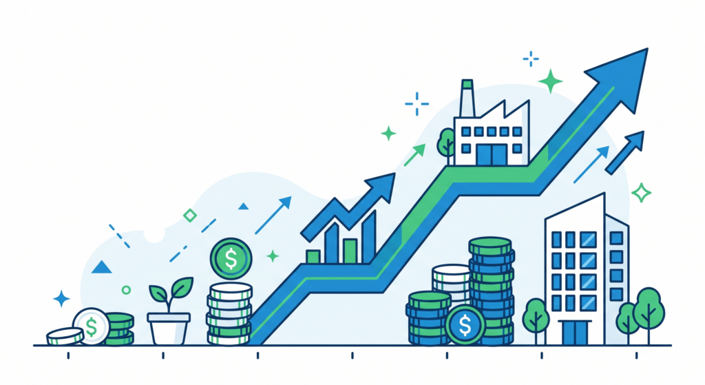 An illustration showing money and investments growing over time with upward trending arrows and coins