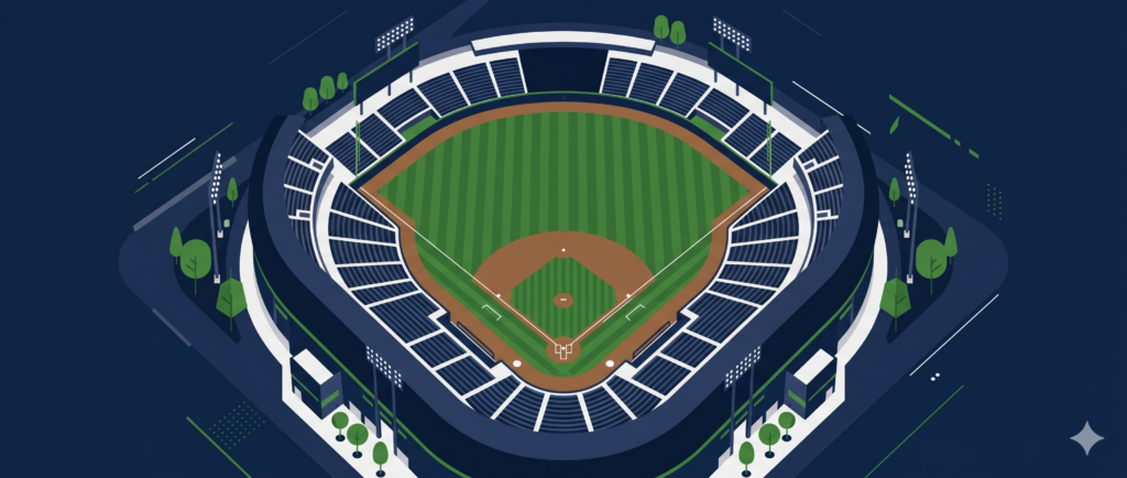 Aerial illustration of a baseball stadium showing the diamond field, green grass, and surrounding stands representing MLB