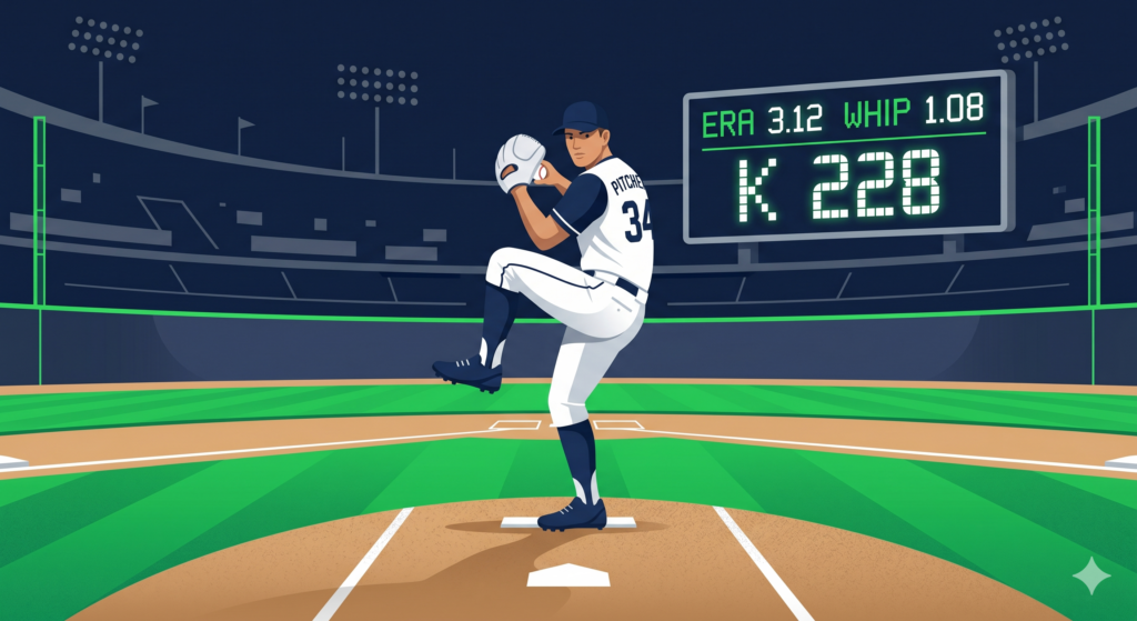 A baseball pitcher on the mound with a scoreboard showing traditional pitching statistics including ERA, WHIP, and strikeouts