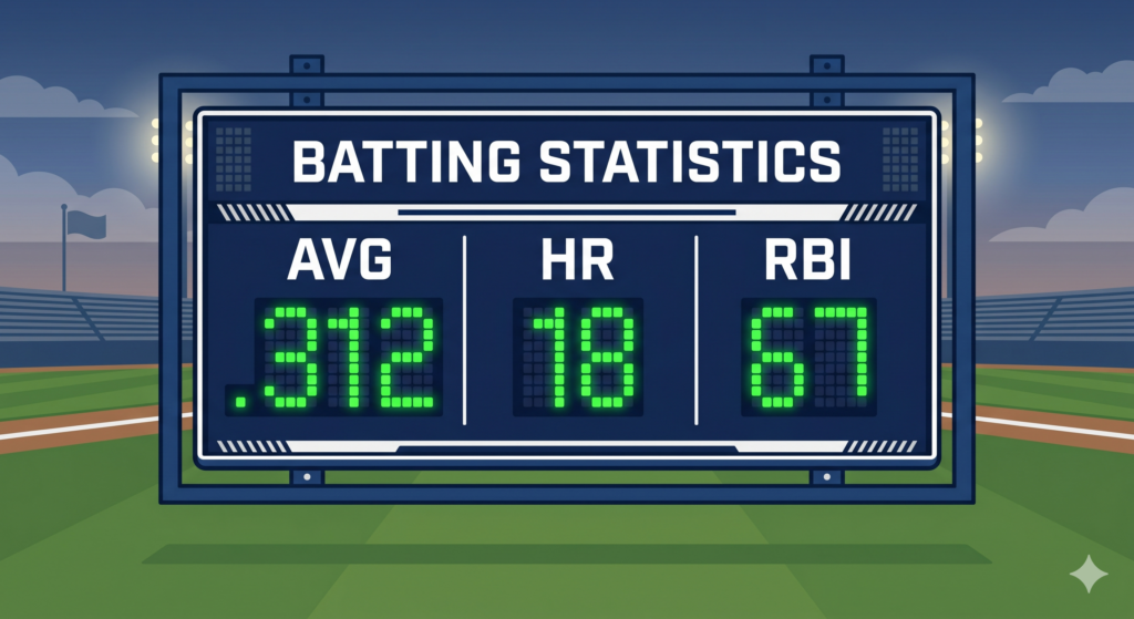 A baseball scoreboard illustration showing traditional batting statistics including batting average, home runs, and RBIs