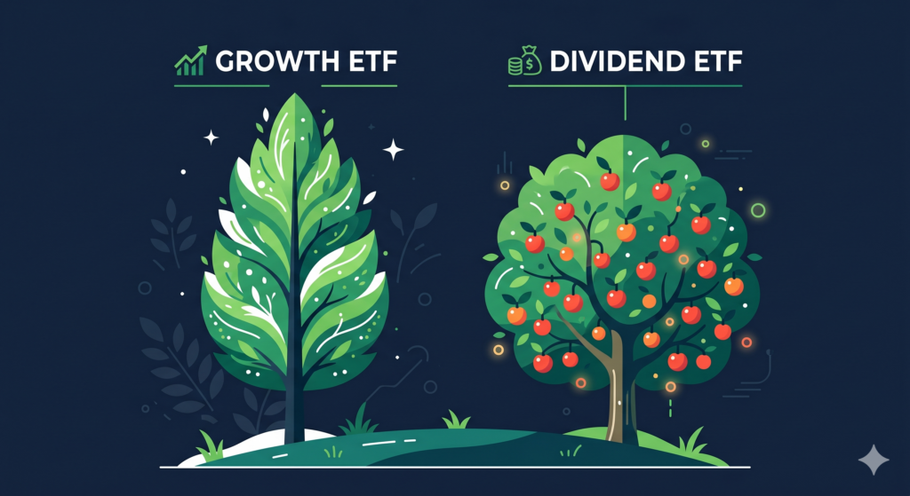 An illustration comparing growth ETFs as a tall growing tree versus dividend ETFs as a fruit-bearing tree representing regular income
