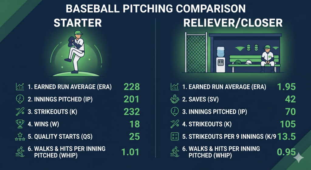 An infographic comparing starting pitchers and relief pitchers in Major League Baseball