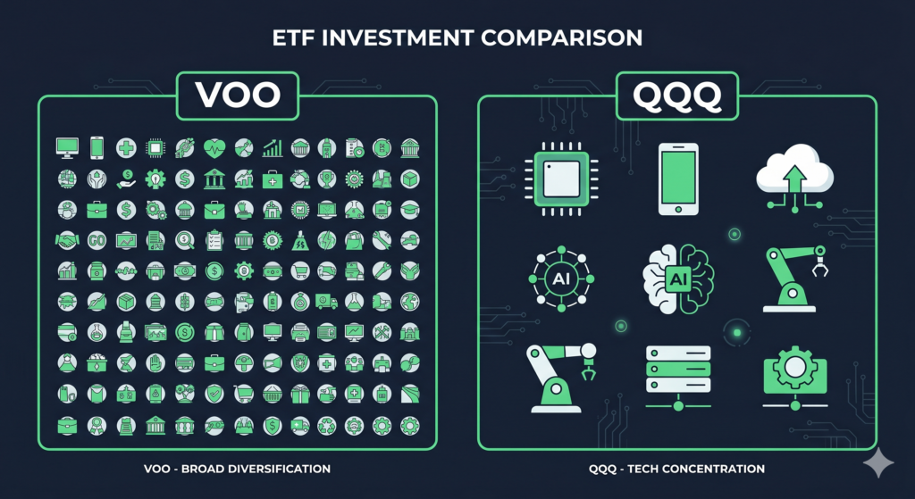 A comparison illustration of VOO and QQQ ETFs showing the difference in diversification between the S&P 500 and Nasdaq-100