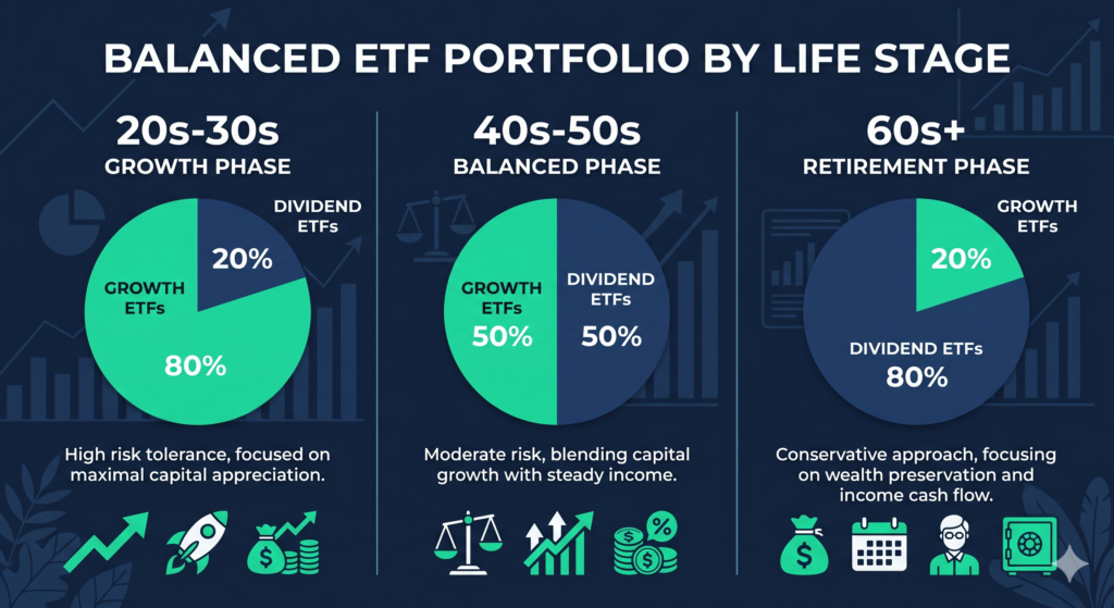 A portfolio allocation illustration showing the recommended balance between growth and dividend ETFs at different life stages