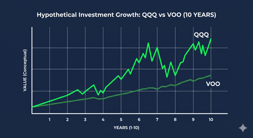 A line chart comparing the growth and volatility of VOO versus QQQ over a 10-year investment period