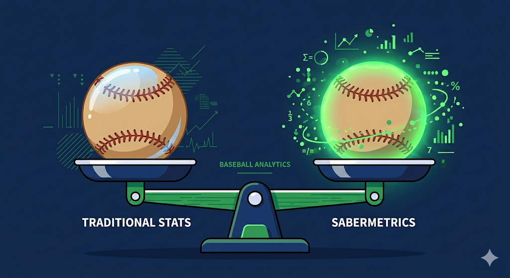 An illustration comparing traditional baseball statistics with modern sabermetric analysis