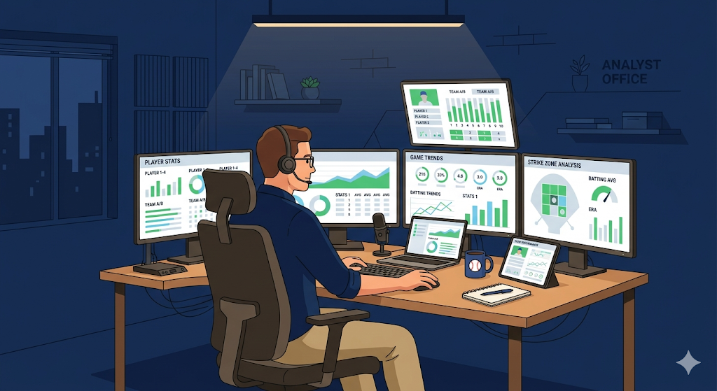 A baseball analyst reviewing advanced statistics and sabermetric data on multiple computer screens